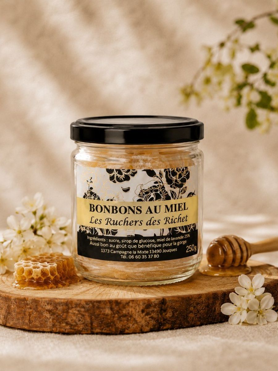 Bocal de bonbons au miel Les Ruchers des Richet sur une rondelle de bois, avec un rayon de miel et une cuillère à miel