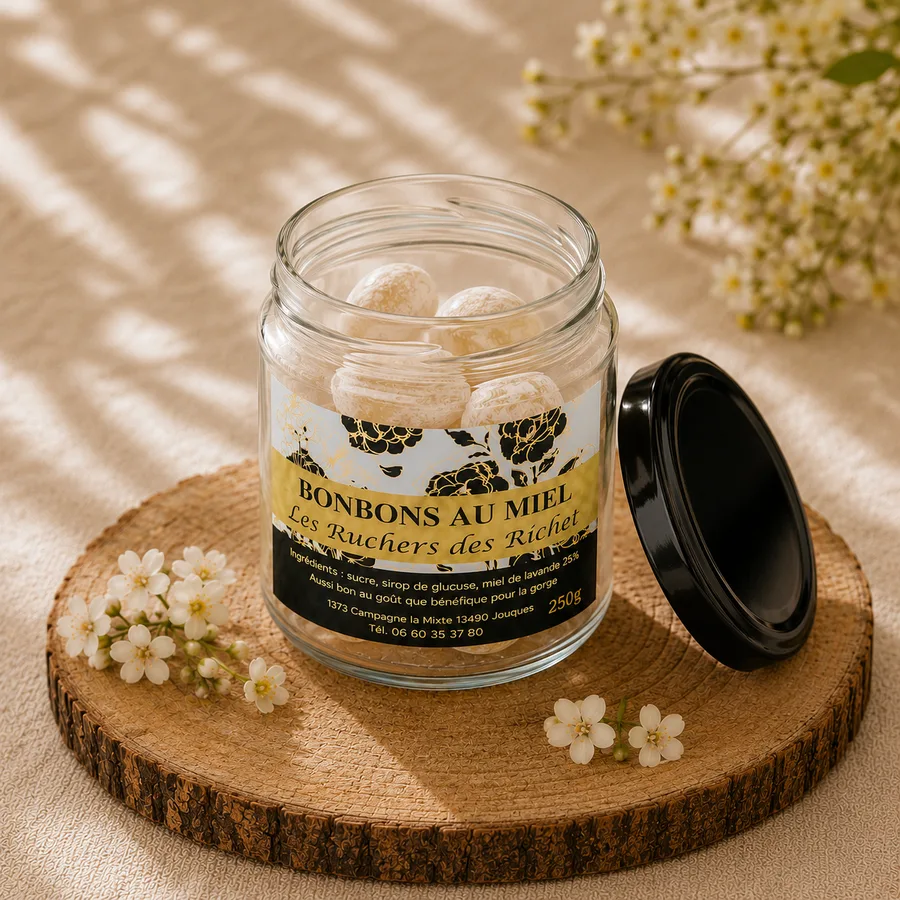 Bocal de bonbons au miel Les Ruchers des Richet ouvert, couvercle posé à côté, entouré de fleurs blanches