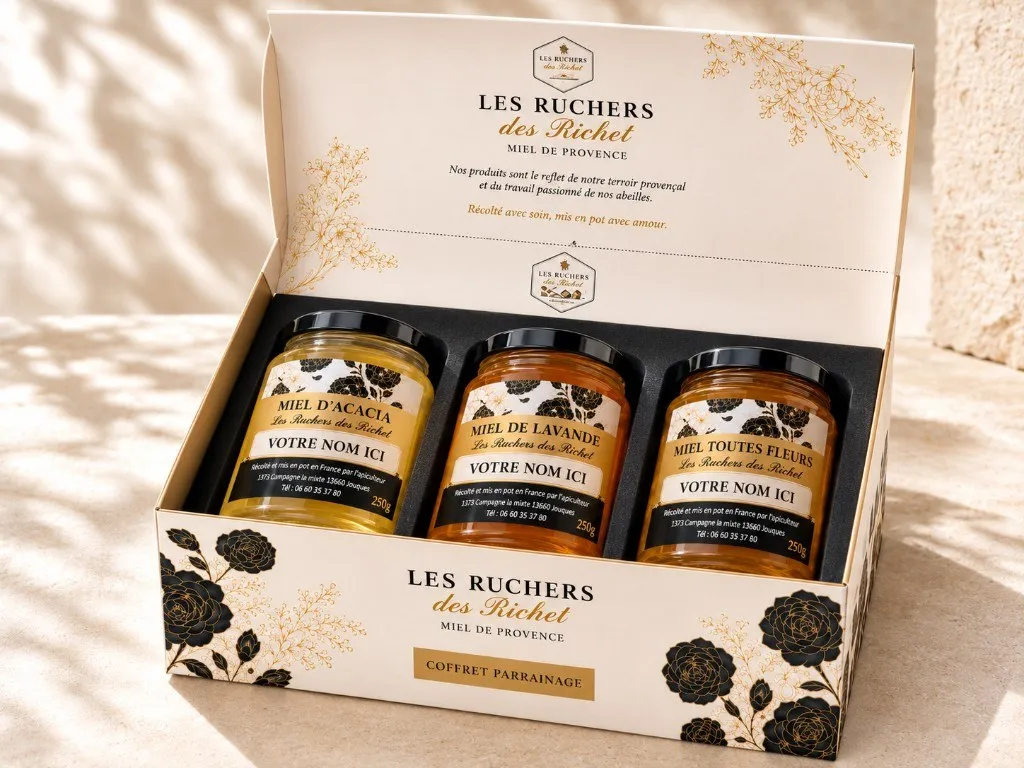 Coffret de parrainage Pack 1 ouvert avec trois pots de miel de 250 g aux étiquettes personnalisables — Les Ruchers des Richet