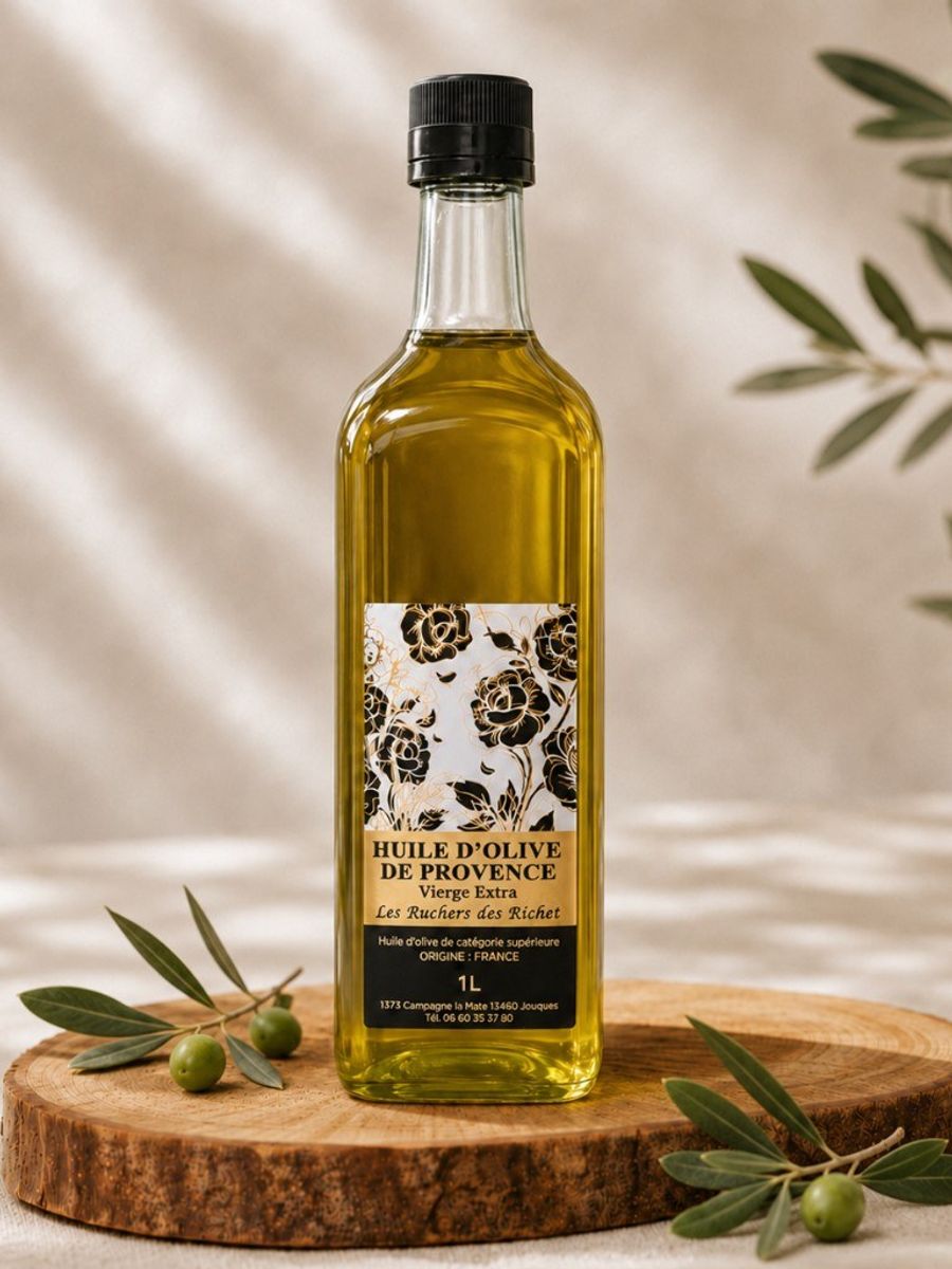 Bouteille d'huile d'olive de Provence Les Ruchers des Richet posée sur une table en bois, avec olives et branche d'olivier