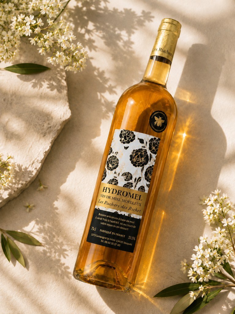 Bouteille d'hydromel Les Ruchers des Richet à plat, entourée de fleurs blanches
