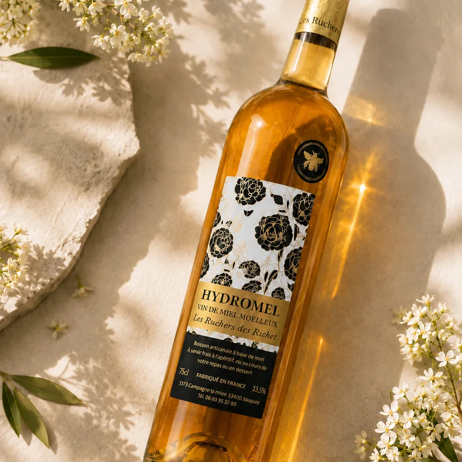 Bouteille d'hydromel Les Ruchers des Richet à plat, entourée de fleurs blanches