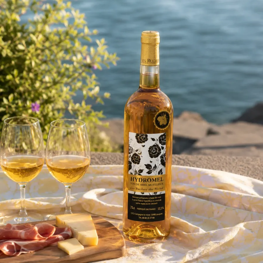 Hydromel Les Ruchers des Richet servi dans deux verres, avec fromage et charcuterie
