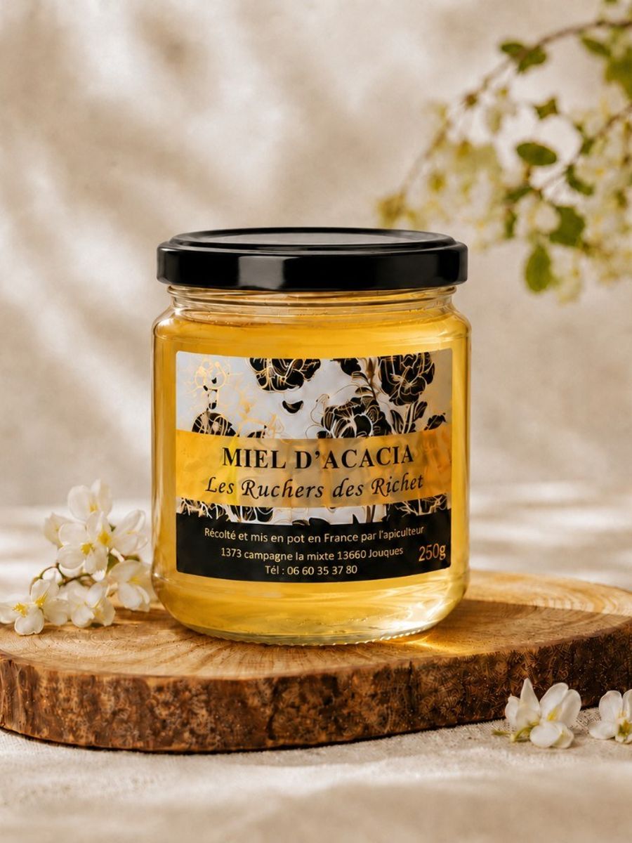 Pot de miel d'acacia Les Ruchers des Richet fermé, posé sur une rondelle de bois entre des fleurs d'acacia blanches