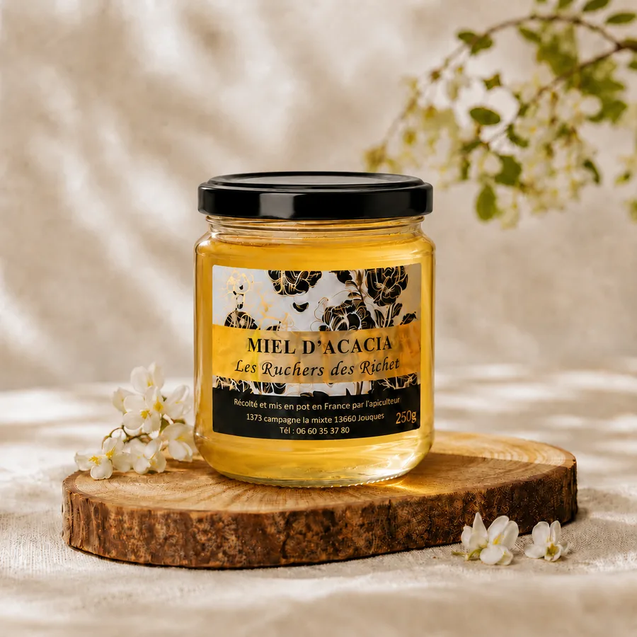 Pot de miel d'acacia Les Ruchers des Richet fermé, posé sur une rondelle de bois entre des fleurs d'acacia blanches