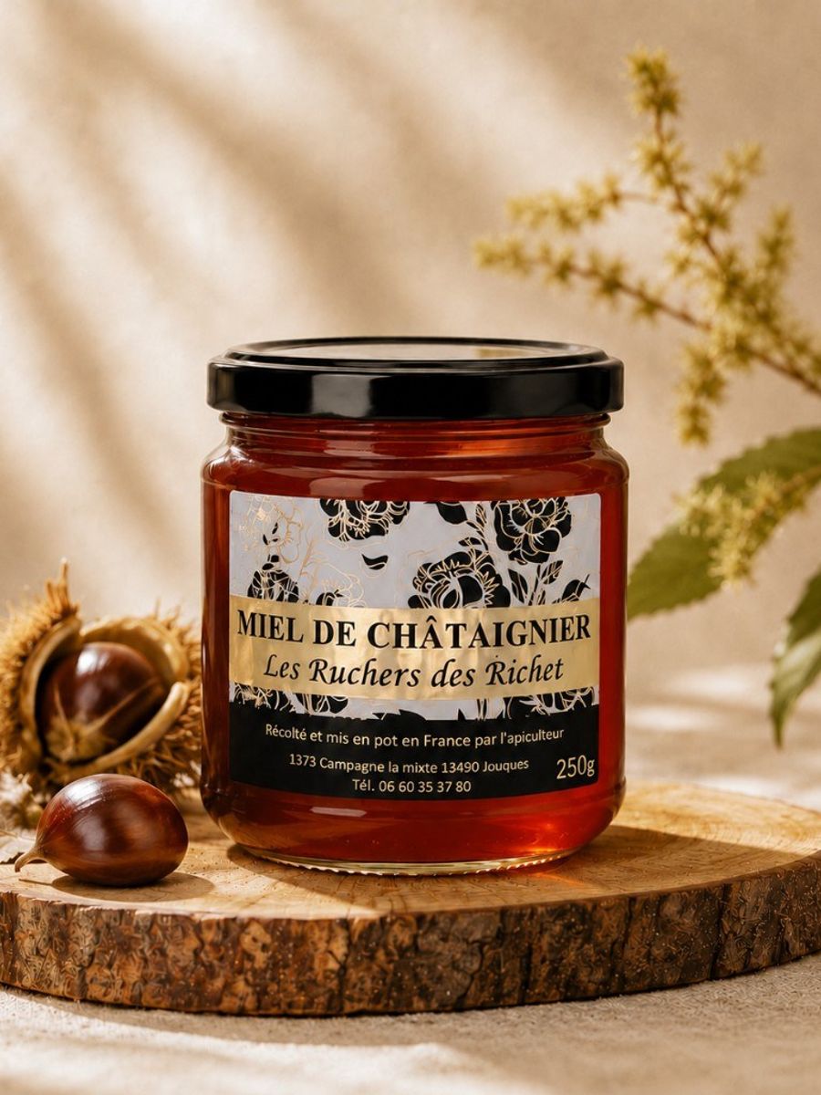 Pot de miel de châtaignier Les Ruchers des Richet fermé, posé sur une rondelle de bois, entouré de châtaignes et de feuilles de châtaignier