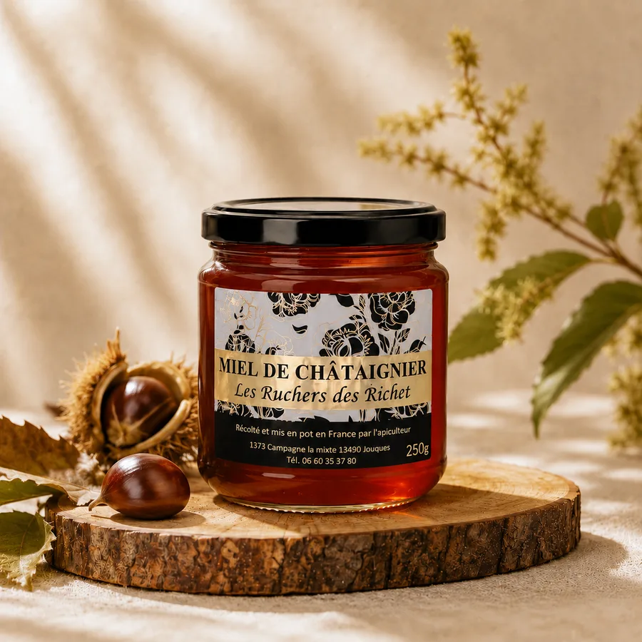 Pot de miel de châtaignier Les Ruchers des Richet fermé, posé sur une rondelle de bois, entouré de châtaignes et de feuilles de châtaignier