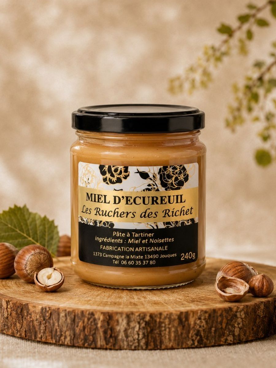 Pot fermé de pâte à tartiner miel et noisettes Les Ruchers des Richet, posé sur une rondelle de bois entouré de noisettes