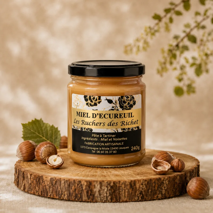 Pot fermé de pâte à tartiner miel et noisettes Les Ruchers des Richet, posé sur une rondelle de bois entouré de noisettes