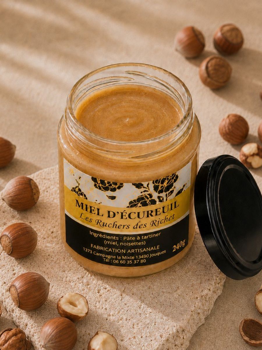 Pot ouvert de pâte à tartiner miel et noisettes Les Ruchers des Richet, couvercle posé à côté et noisettes autour