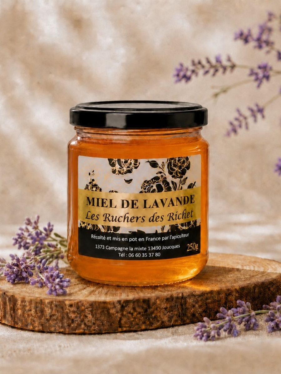 Pot fermé de miel de lavande Les Ruchers des Richet, 250 g, posé sur une rondelle de bois avec des brins de lavande