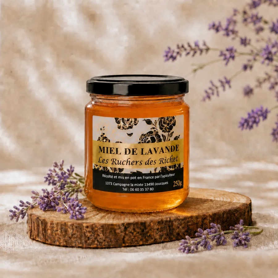 Pot fermé de miel de lavande Les Ruchers des Richet, 250 g, posé sur une rondelle de bois avec des brins de lavande