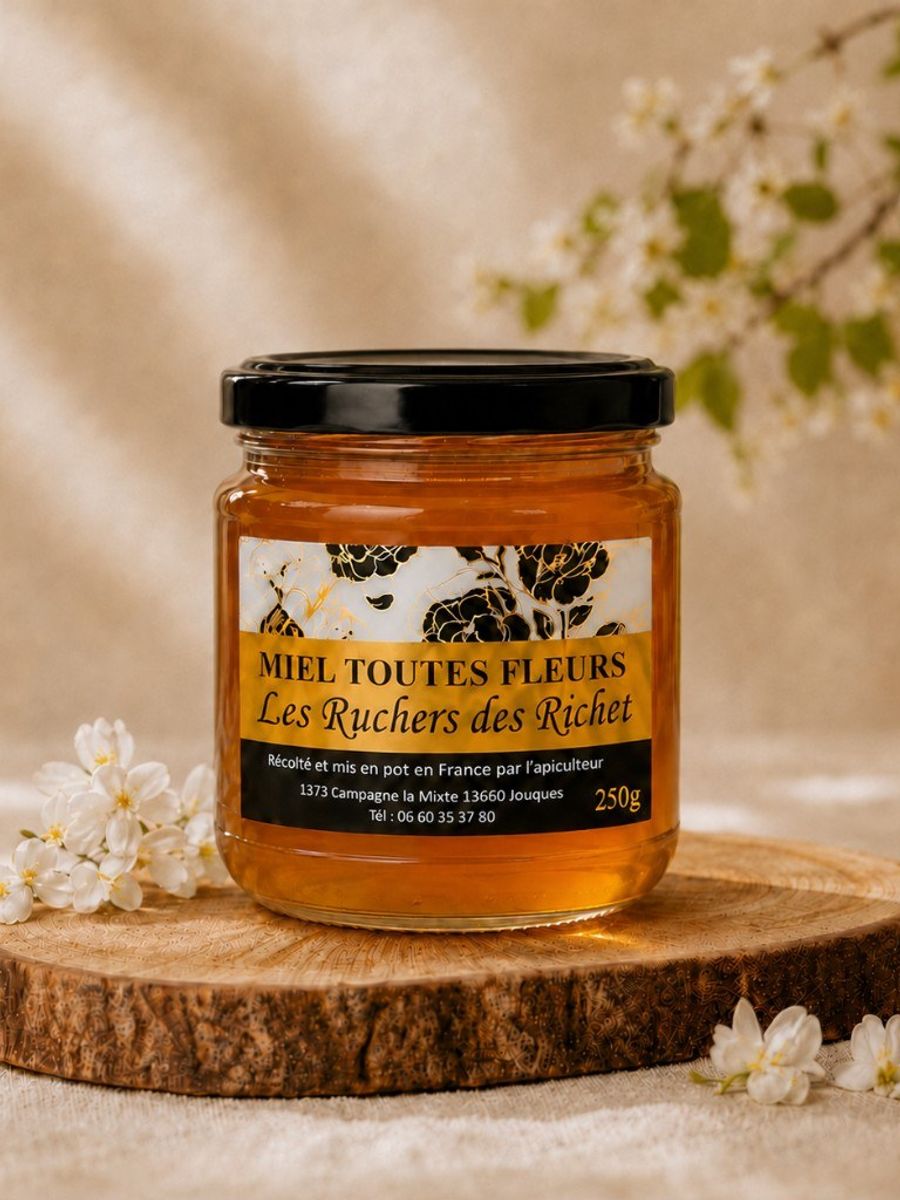 Pot fermé de miel toutes fleurs Les Ruchers des Richet, 250 g, posé sur une rondelle de bois avec des fleurs blanches