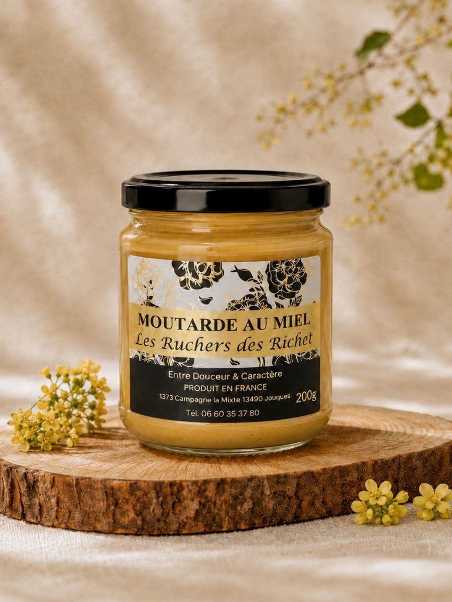 Pot fermé de moutarde au miel Les Ruchers des Richet posé sur une rondelle de bois, entouré de fleurs de moutarde jaunes
