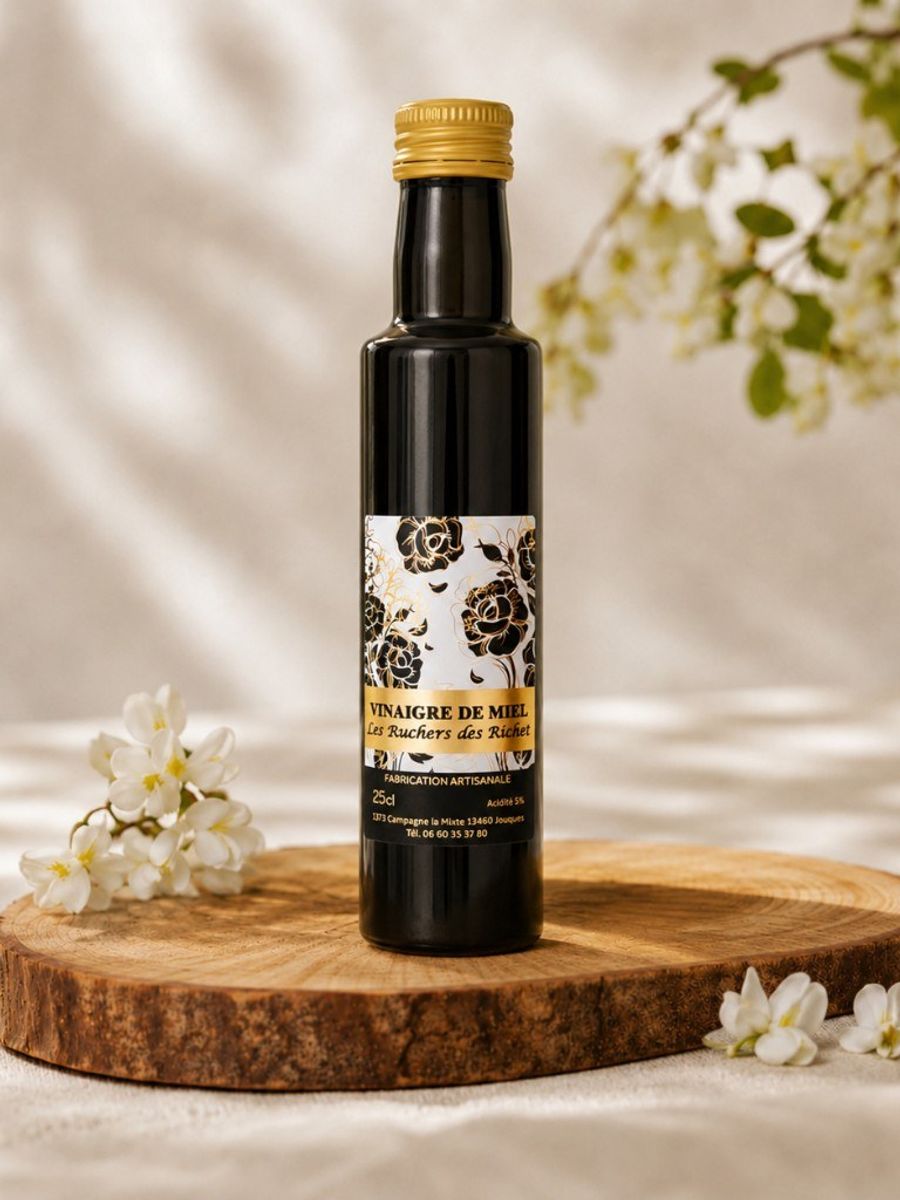 Bouteille de vinaigre au miel Les Ruchers des Richet, verre foncé et bouchon doré, posée sur une rondelle de bois entourée de fleurs blanches